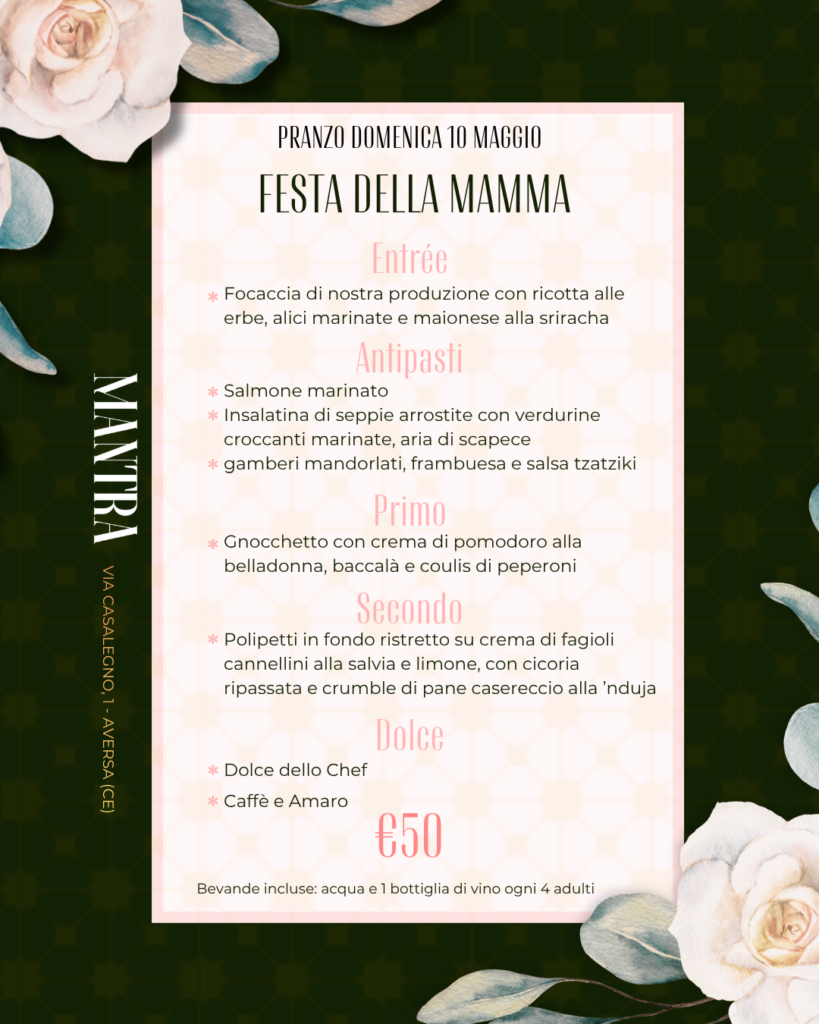 Locandina Festa della Mamma di Mantra Aversa con menu degustazione e dettagli prenotazione